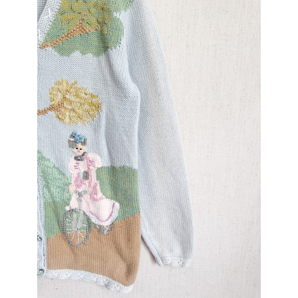 Storybook Knits Cardigan Victorian House Bicycle Novelty Small Blue Handknit S - Picture 4 of 10
